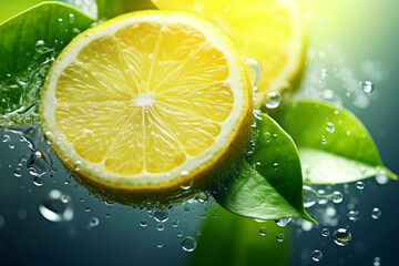 Beautiful slice of lemon with green leaf with splash water close up view.generative ai
