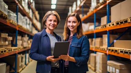 Two female warehouse workers, an experienced senior employee helps a new employee get used to working with an electronic tablet and software for warehouse management in a distribution center. - obrazy, fototapety, plakaty