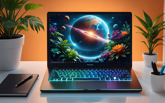 Laptop screen template, vivid color, computer screen are a surreal image of space