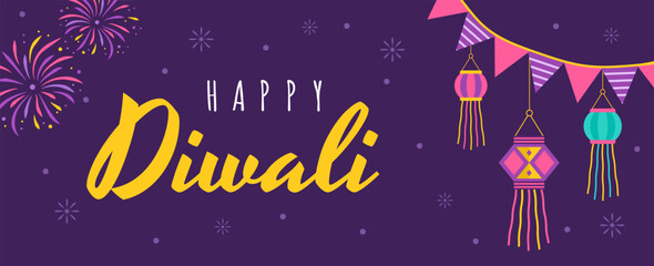 Fototapeta premium Diwali greeting banner. Holiday background for celebration Indian festival of lights. Vector illustration in flat cartoon style.
