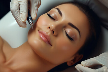 Facial portrait of woman lying down for lip augmentation or botox treatment with doctor hands in gloves and syringe near face.generative ai
