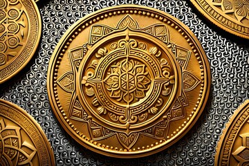 A captivating photograph showcasing a beautifully designed and intricately crafted silver or gold coin, embellished with traditional motifs and symbols of prosperity