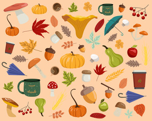 Big set of pumpkins, mushrooms, acorns, apples, leaves, mugs, umbrellas in flat on pale orange background for patterns, wallpapers, webs, fabrics, packaging