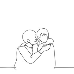 adult man hugs his daughter or female child with cute aggressiveness - one line art vector. concept father and child, cute little girl