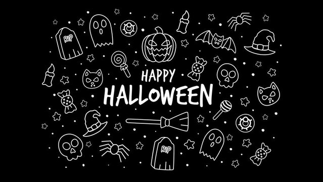 Sketch style Halloween Animation Video with Happy Halloween writing with halloween icons