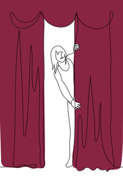 woman peeking behind red theater curtains clip art preview