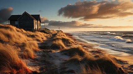 views of the beach, sea, sand dunes and houses with the beauty of the sunrise - obrazy, fototapety, plakaty