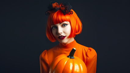 Clear photo of cute woman dressed as orange pumpkin incarnation