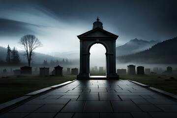 Tombstone silhouette on a foggy graveyard background