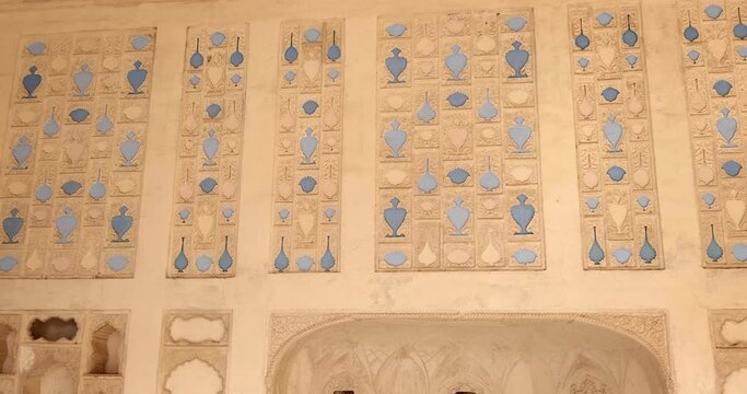 Exterior of the Wall and the canopy of the Mirror Room Inside Sheesh Mahal in Amer (Amber) Palace complex. Amer, Rajasthan, India. Horizontal camera pan