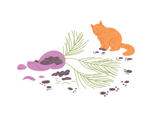 Ginger cat knocked over flower pot, fallen pot with flower, disorder from pet, vector cartoon pet mess, dirty footprints