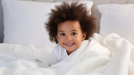Cute litle black african baby with afro hair wrapped in soft white blanket - obrazy, fototapety, plakaty