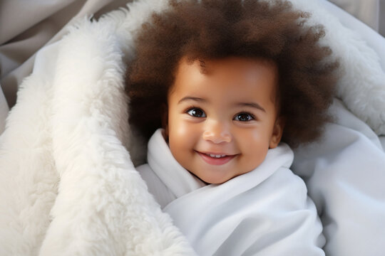 Cute litle black african baby with afro hair wrapped in soft white blanket