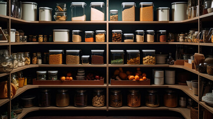 Kitchen shelves with glass jars filled with groceries. concept of zero waste home and lifestyle