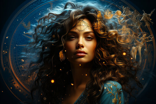 Mystical young astrologer in front of magical zodiac, predicting horoscopes and divinations for all astrological signs.