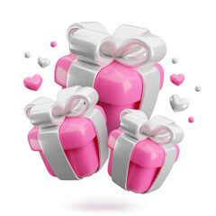 Vector 3d Valentines gifts concept. Cute love pink present boxes with silver ribbon, bow and hearts on white background. Realistic 3d render surprise Valentines day, Mothers Day, Wedding illustration.