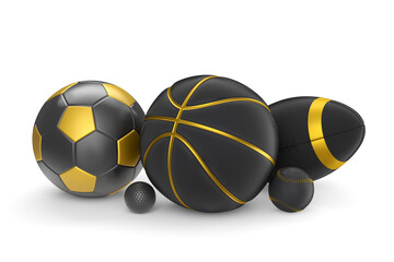 Set of black ball like basketball, american football and golf isolated on white