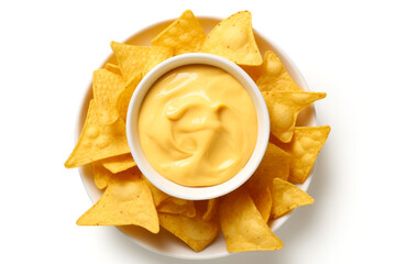 Nachos chips on a plate with cheese sauce in the middle isolated on white background, top view
.generative ai
 - obrazy, fototapety, plakaty