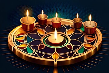 Diwali festival of lights holiday design with paper cut style of Indian Rangoli and hanging diya - oil lamp. Place for tex