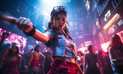 Happy young Asian girl in the club or streets by night,neon bokeh lights background. Japanese girl in Tokyo - obrazy, fototapety, plakaty