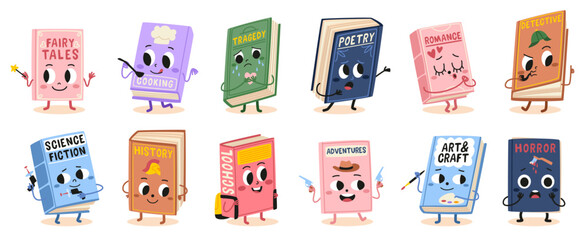 Book characters. Cute cartoon mascots, different genres literature, smiling kids textbooks, different emotions, fairy tales, cooking and horror stories, tragedy and detective, tidy vector set