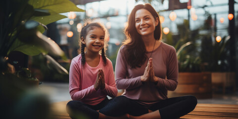 Mother doing yoga with her daughter at home. Having meditation with kids.  - obrazy, fototapety, plakaty