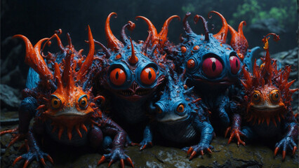 Chameleon Monsters on dark atmosphere tone with vibrant colours generative with asymmetrical style