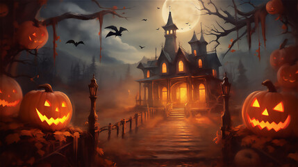 Fototapeta na wymiar Halloween theme spooky illustration with a haunted house, night with full moon, scary pumpkins