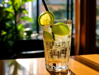 A glass of cool drink with a slice of lime and a straw on a dark background