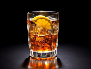 A glass of cool drink with a slice of lemon on a dark background