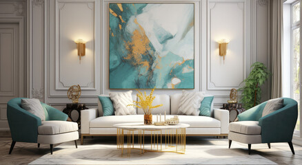 living room blue and gold accents and lighting - obrazy, fototapety, plakaty