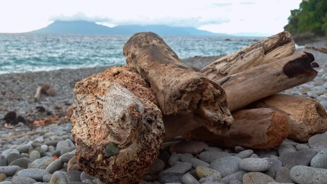 Low Angle Close Up of Driftwood on a Shingled Beach of Pebbles in Looc Bay, Philippines.