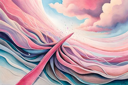 A poignant artwork symbolizing  Cancer, with a focus on the iconic pink ribbon, elegantly flowing and weaving through an abstract background of soft pastel hues