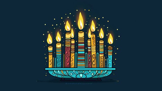 Hanukkah menorah candelabrum with nine lit candles. Video flat cartoon animation design element. Generative AI