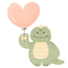cute kawaii dinosaur with balloon watercolor animal kids birthday baby shower nursery decoration clipart © Pattaranun