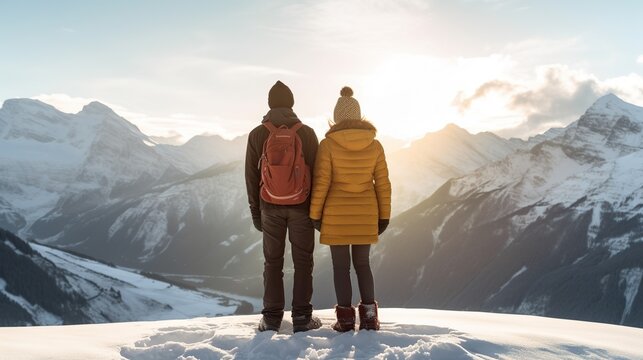 A young couple is enjoying the peak of nature in winter