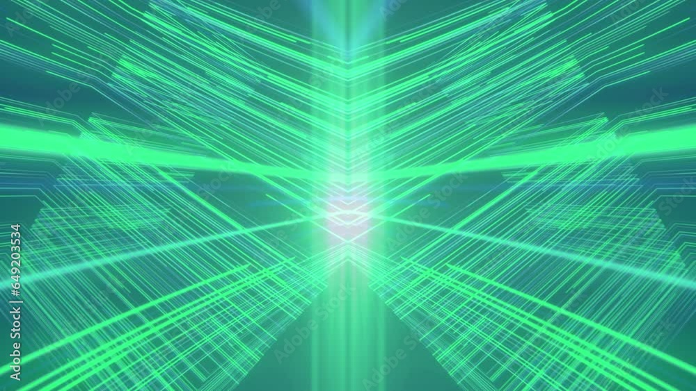 Poster futuristic symmetrical background with seamless loop animation of bright green neon light beams. abs