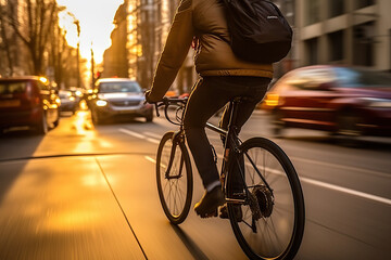 Fototapeta premium Young American Man Enjoying a Bicycle Ride During Golden Hour in the Bustling City Streets. created with Generative AI