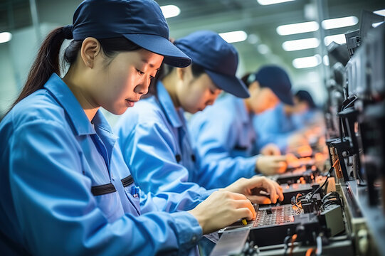 Dedicated Asian Workers Building Electronic Smartphones Amidst Industrial Machines and Cables. created with Generative AI