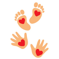Obraz premium Baby foot and hand print with heart, vector art illustarion.