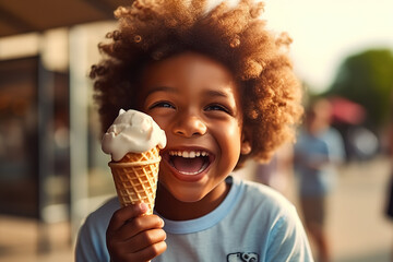 Beautiful African American Baby Boy Enjoying Gelato Ice Cream Outdoors on a Summer Day with a Blurred City Background. created with Generative AI