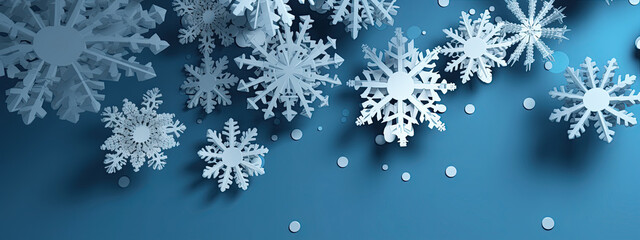 White snowflakes on blue winter banner background