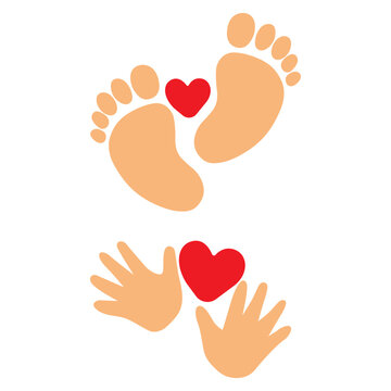Baby foot and hand print with heart, vector art illustarion.