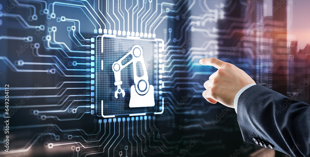 Wall mural man clicking on a virtual screen: automation software innovation technology. business process optimi