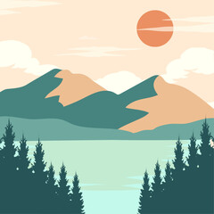 Flat adventure with mountain, tree and lake background