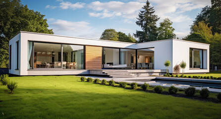 Fototapeta na wymiar modern minimalist house with white colored stucco and wood flooring on green grass