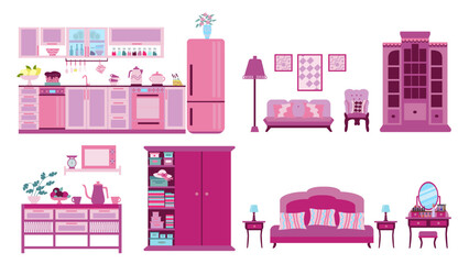 Set of pink furniture and accessories for a cozy dollhouse with a bedroom, living room and kitchen, illustration in a flat cartoon style.