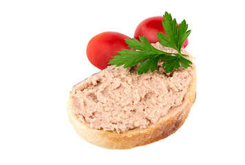 Bread with homemade chicken pate, isolated on white background.