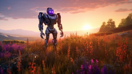 3d rendering of a female robot in a flower field at sunset - obrazy, fototapety, plakaty