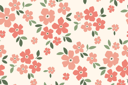 Seamless floral pattern, liberty ditsy print with a romantic delicate meadow. Cute botanical design with simple plants: small hand drawn pink flowers, tiny leaves on a white background. Vector.